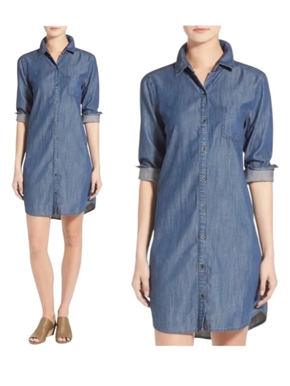 Eileen Fisher Tencel & Organic Cotton Chambray Shirt Dress Long Sleeve Large